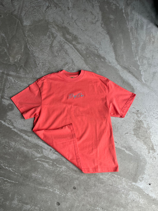 Cursive Embroidered Logo Tee (Coral/Baby Blue)