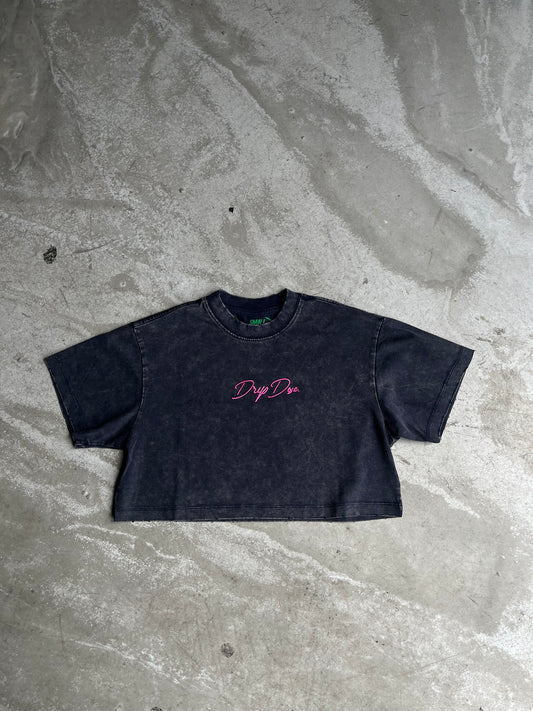 Cursive Logo Embroidered Wmns Crop Top (Navy/Pink)